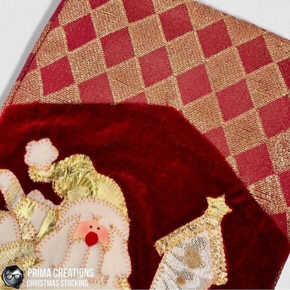 VINTAGE CHRISTMAS STOCKING FELT APPLIQUÉD SANTA & GIFTS ON VELVET IN RED & GOLD - Picture 5 of 13